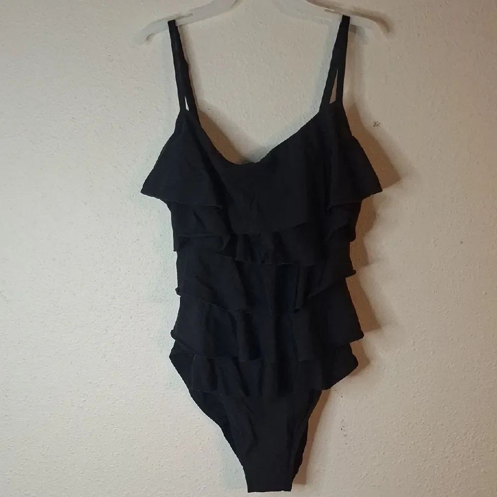 Aqua Green Black Ruffled One Piece Swimsuit size large
